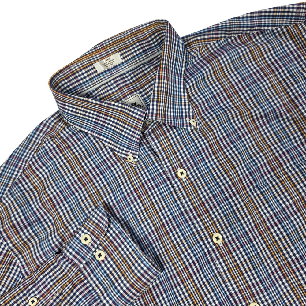 Peter Millar Plaid Button Down Shirt Mens Large Blue Orange Cotton‎ Long Sleeve